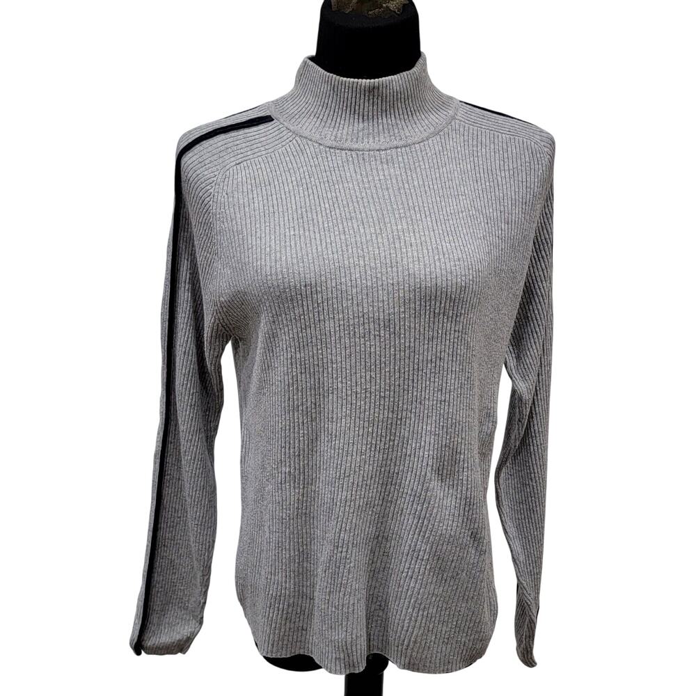 Catalina Womens Large Mock Neck Rib Top Striped Sleeves Minimalism Quiet Luxury